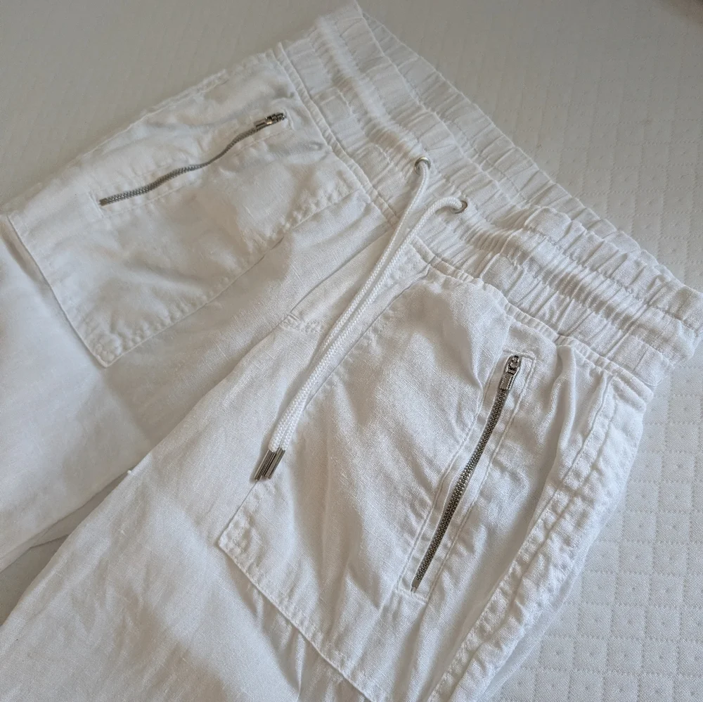 Athleta Cabo 100% Linen Wide Leg Pants Elastic waist Zip pockets, White, size 0 - Picture 5 of 15